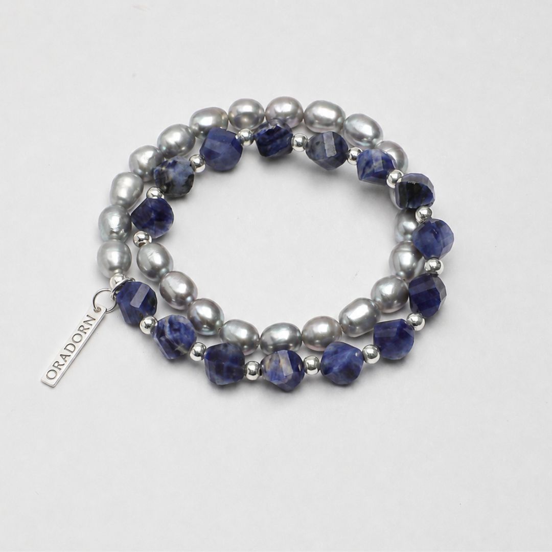 Blue Interlace — Sodalite & Grey Pearl Double-Strand Bracelet