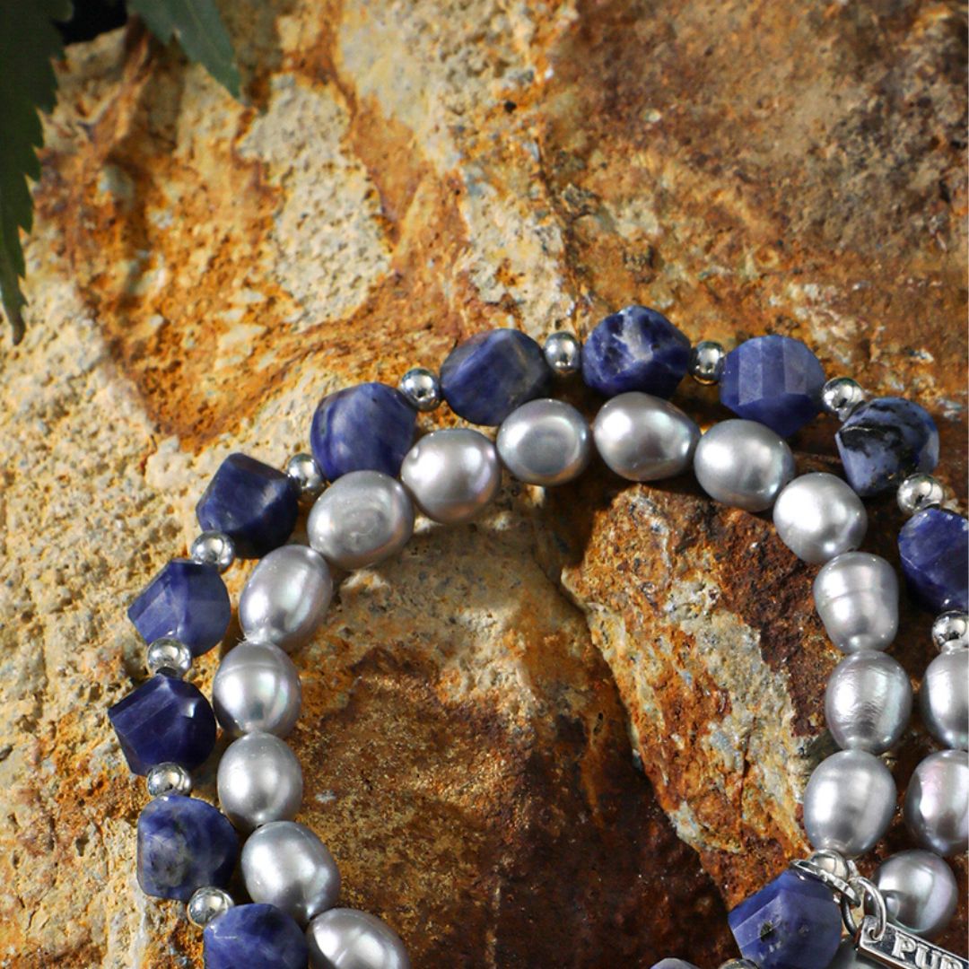 Blue Interlace — Sodalite & Grey Pearl Double-Strand Bracelet