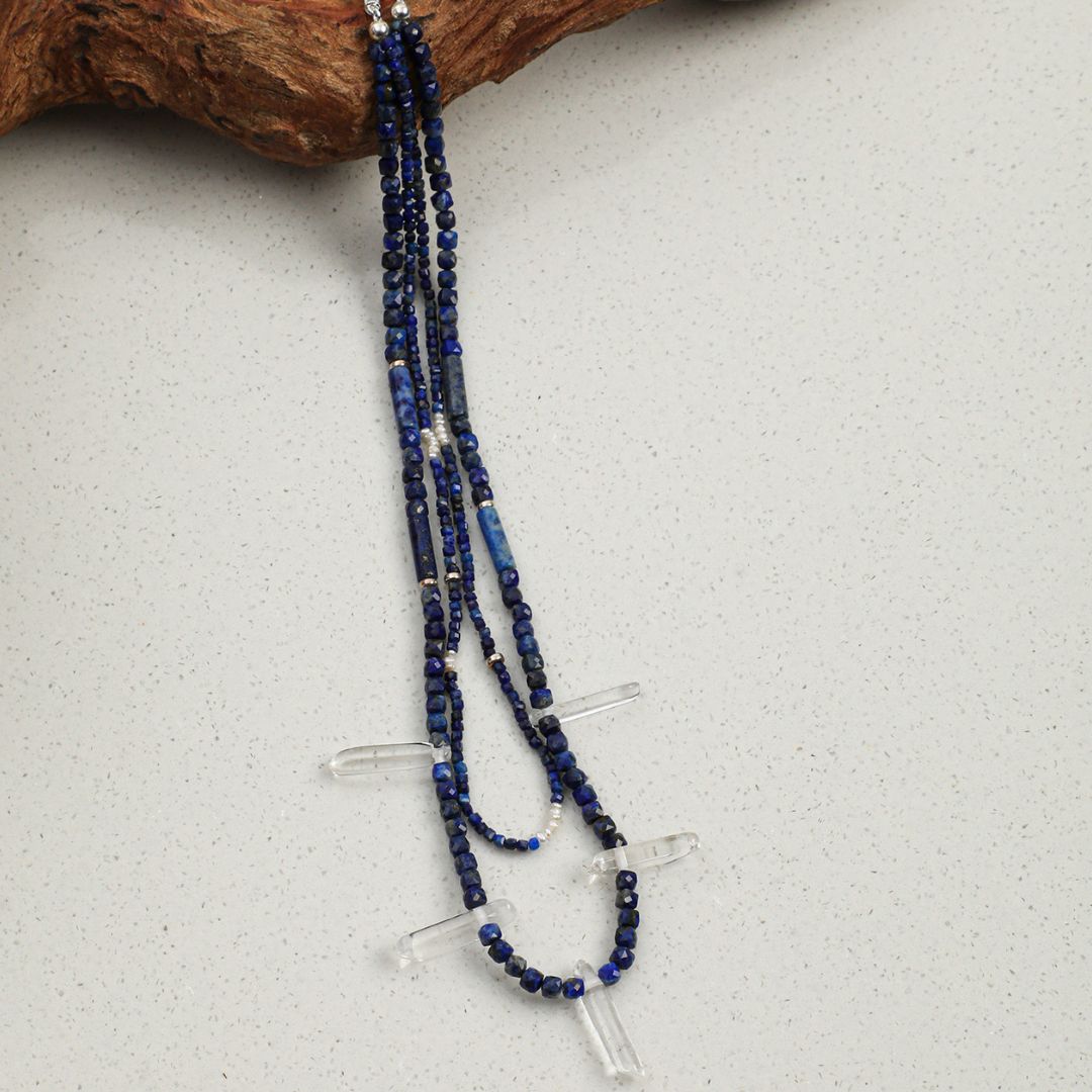 Cobalt Cascade — Double-Strand Lapis Lazuli & Crystal Necklace