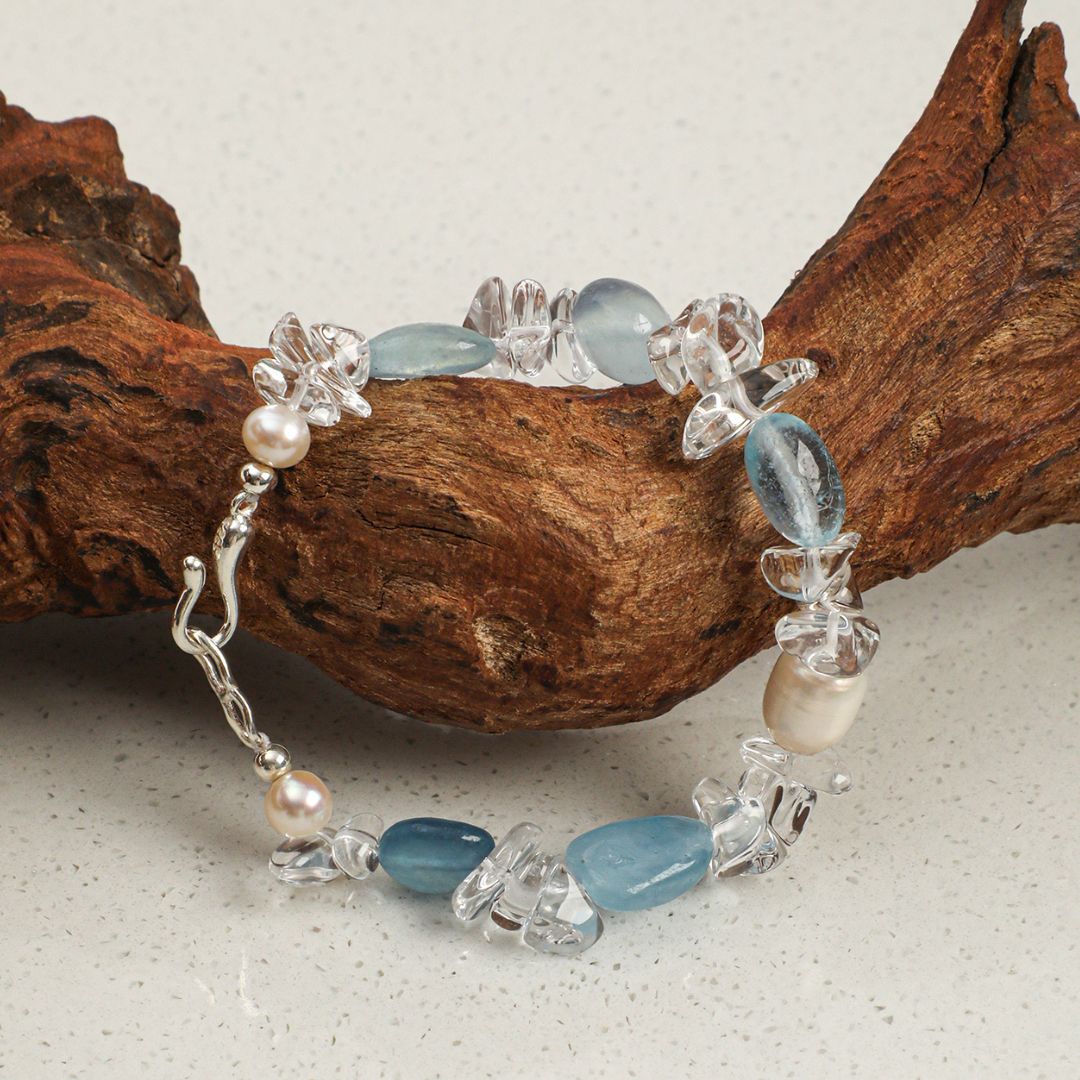 Glacial Ripple — Aquamarine, Crystal & Pearl Bracelet