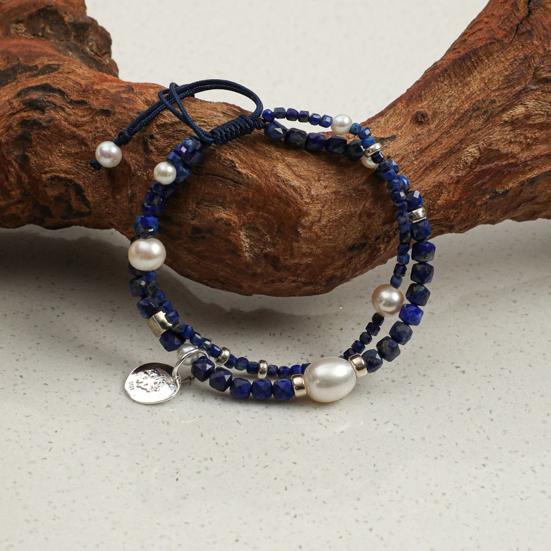 Midnight Loop — Lapis Lazuli & Pearl Double-Strand Bracelet