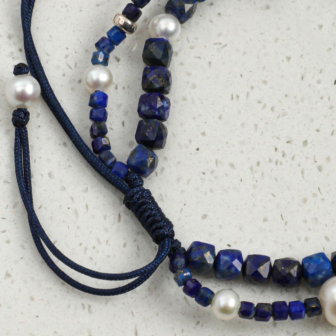 Midnight Loop — Lapis Lazuli & Pearl Double-Strand Bracelet