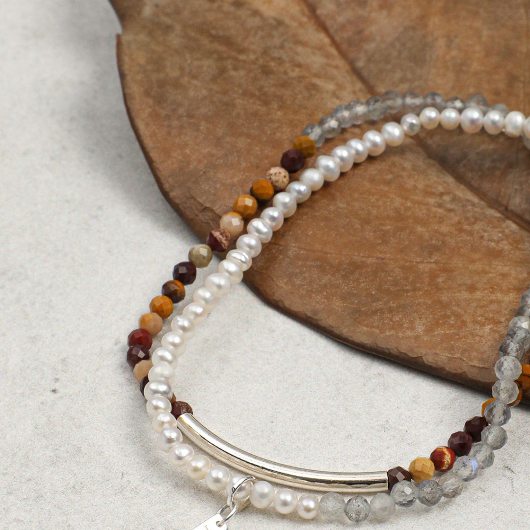 Misted Ember — Moonstone, Pearl & Gemstone Triple-Wrap Bracelet