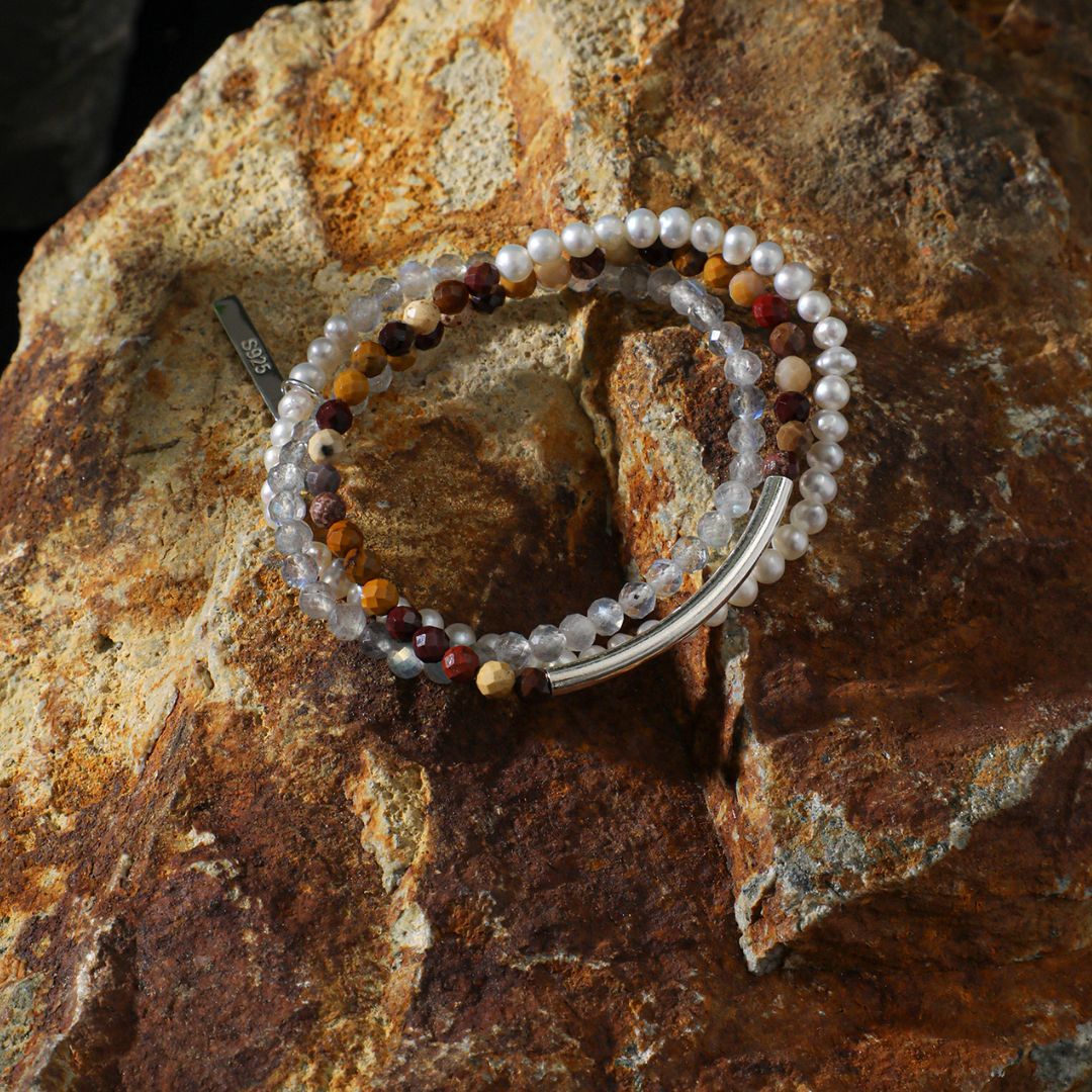 Misted Ember — Moonstone, Pearl & Gemstone Triple-Wrap Bracelet