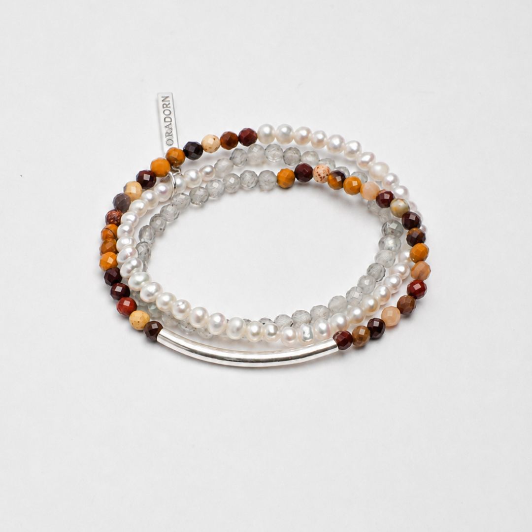 Misted Ember — Moonstone, Pearl & Gemstone Triple-Wrap Bracelet