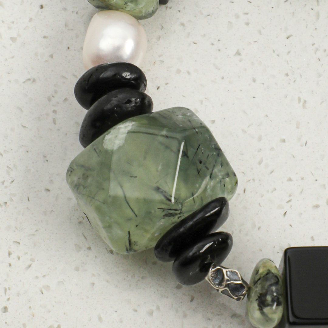 Moss & Onyx — Prehnite, Black Agate & Pearl Bracelet