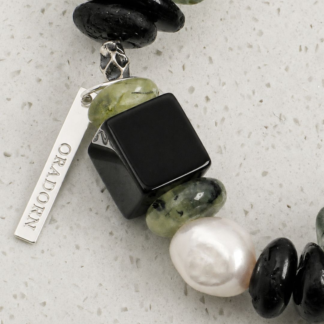 Moss & Onyx — Prehnite, Black Agate & Pearl Bracelet