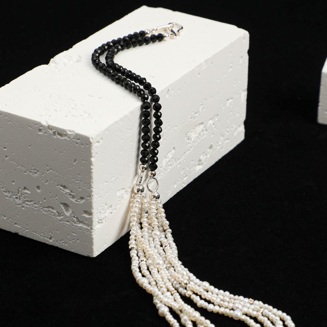 Nocturne Cascade — Black Tourmaline & Pearl Necklace
