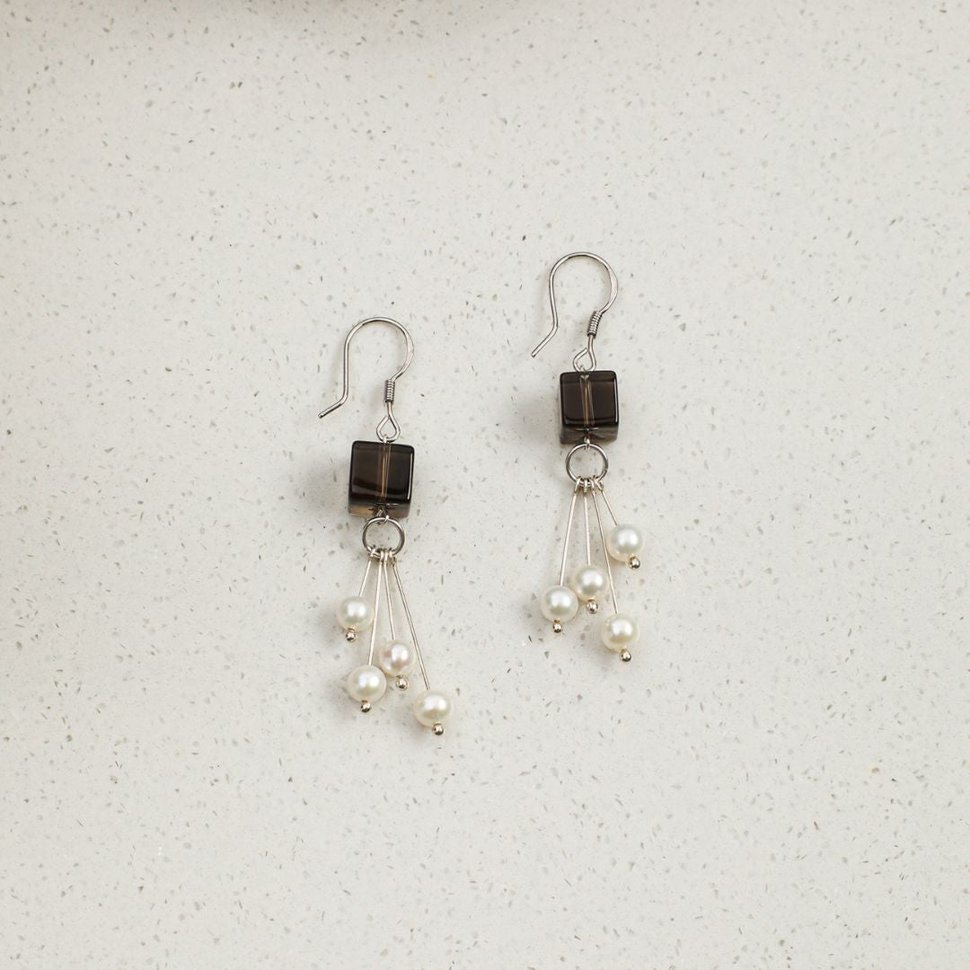 Noir Cascade — Smoky Quartz & Pearl Drop Earrings