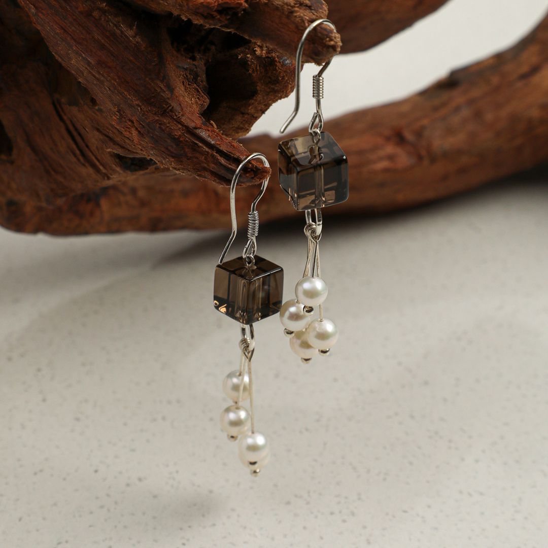 Noir Cascade — Smoky Quartz & Pearl Drop Earrings