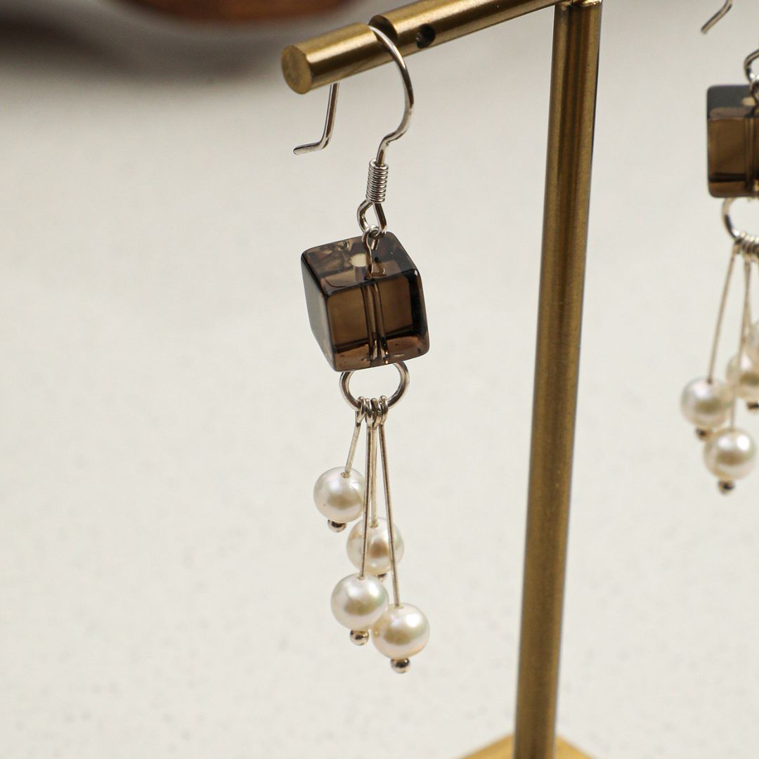 Noir Cascade — Smoky Quartz & Pearl Drop Earrings