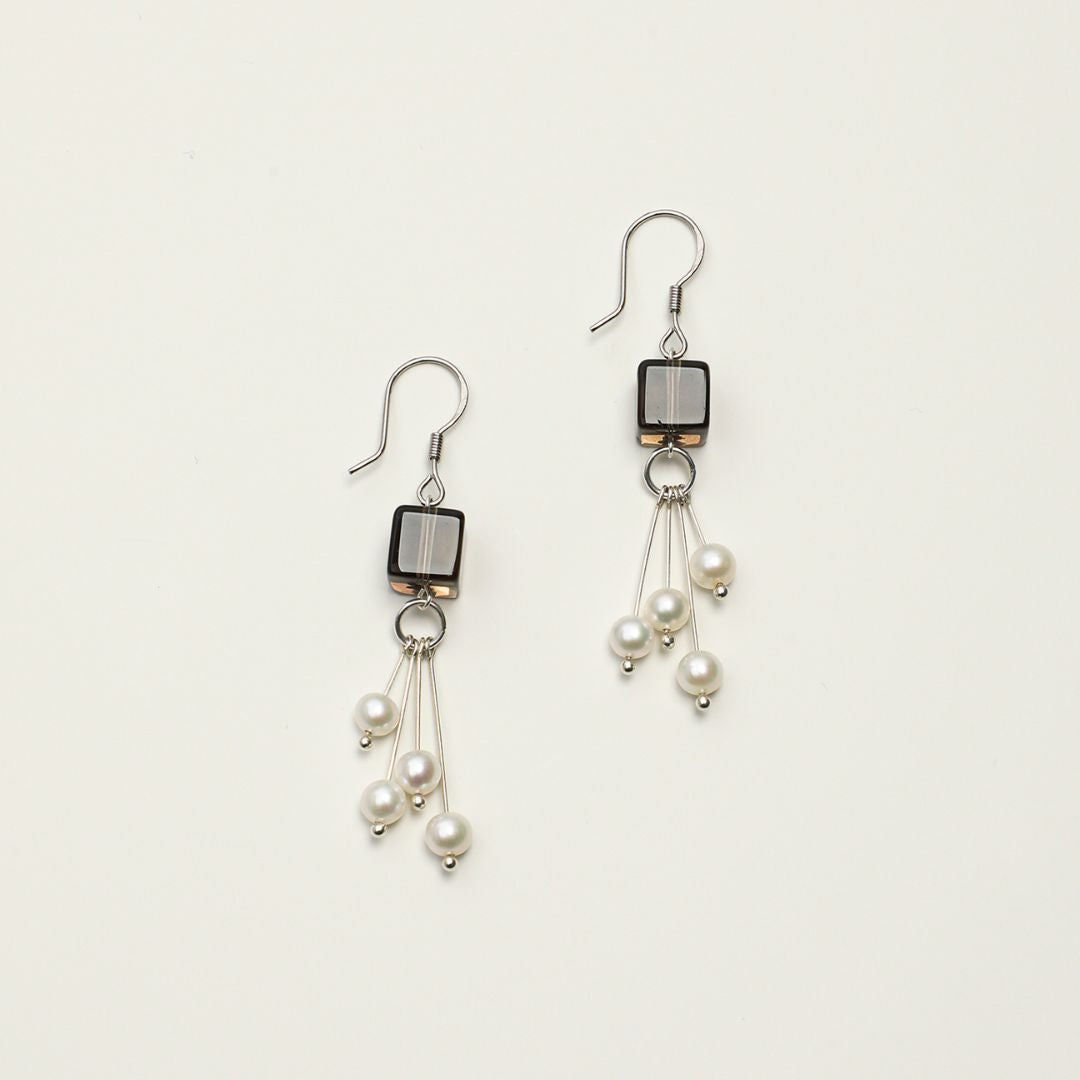 Noir Cascade — Smoky Quartz & Pearl Drop Earrings