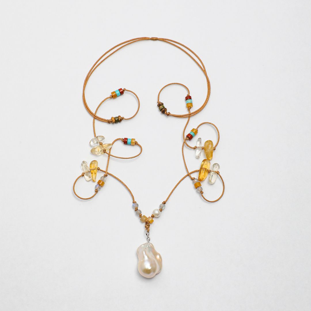 Orbit Cascade — Baroque Pearl & Gemstone Long Necklace, 80 cm