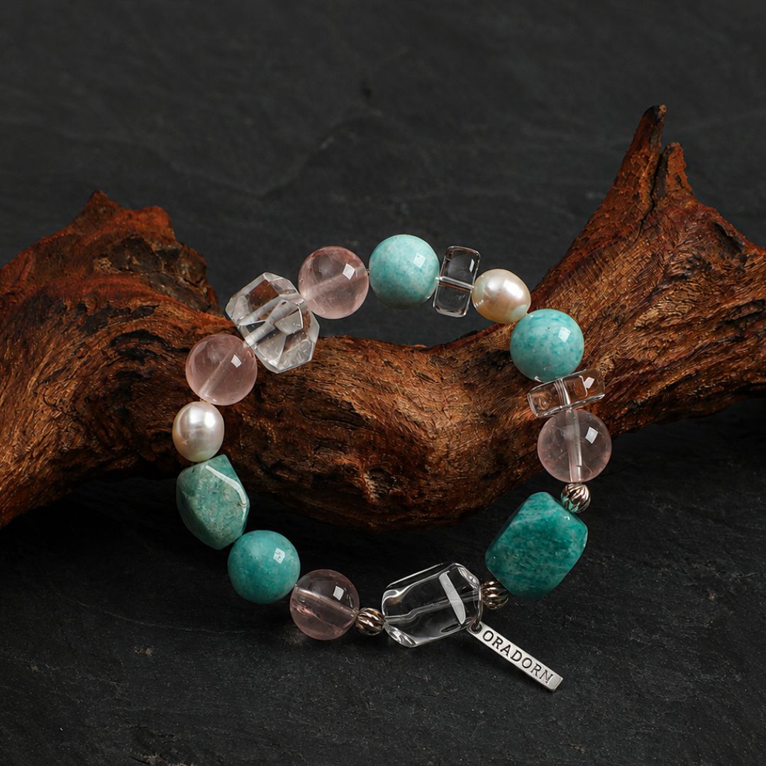 Pastel Lagoon — Amazonite, Rose Quartz & Clear Quartz Bracelet