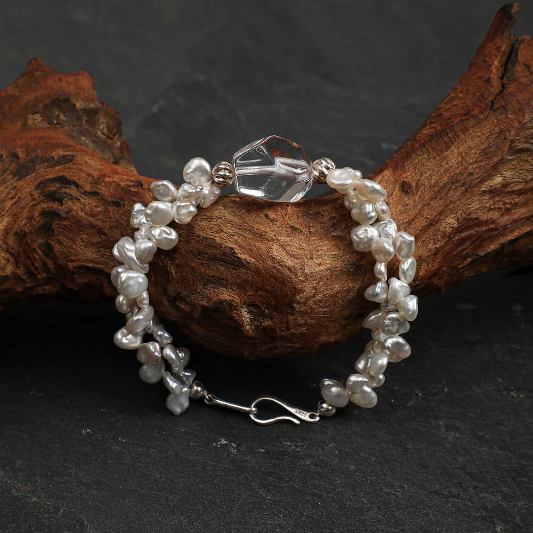 Petal Drift — Baroque Pearl & Clear Quartz Bracelet