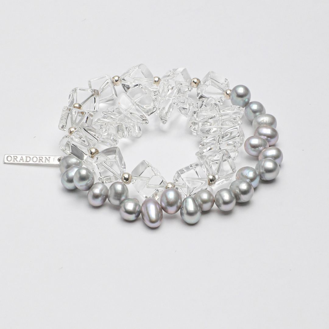 Silver Frost — Clear Quartz & Grey Pearl Bracelet
