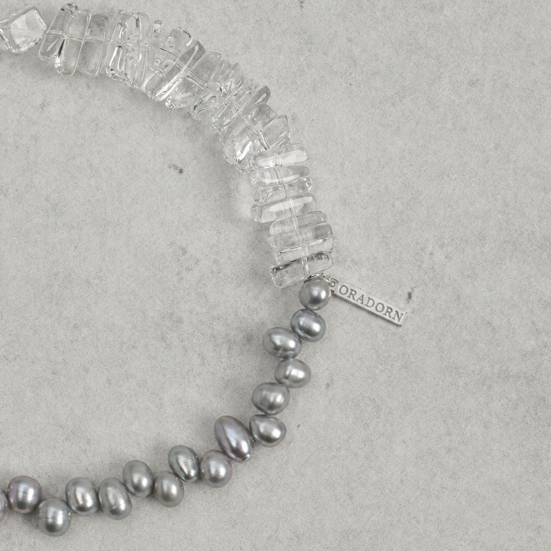 Silver Frost — Clear Quartz & Grey Pearl Bracelet