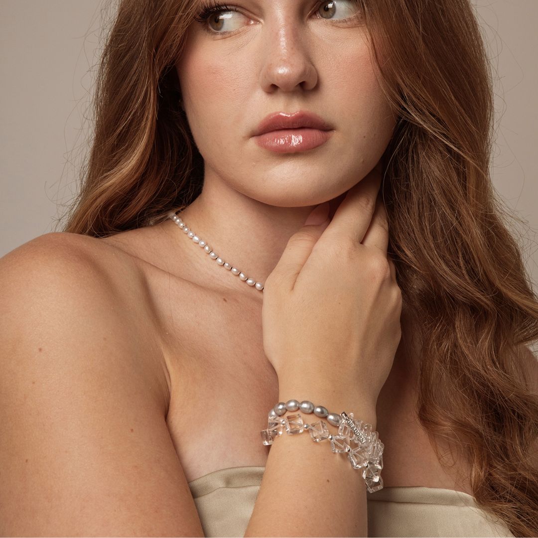 Silver Frost — Clear Quartz & Grey Pearl Bracelet
