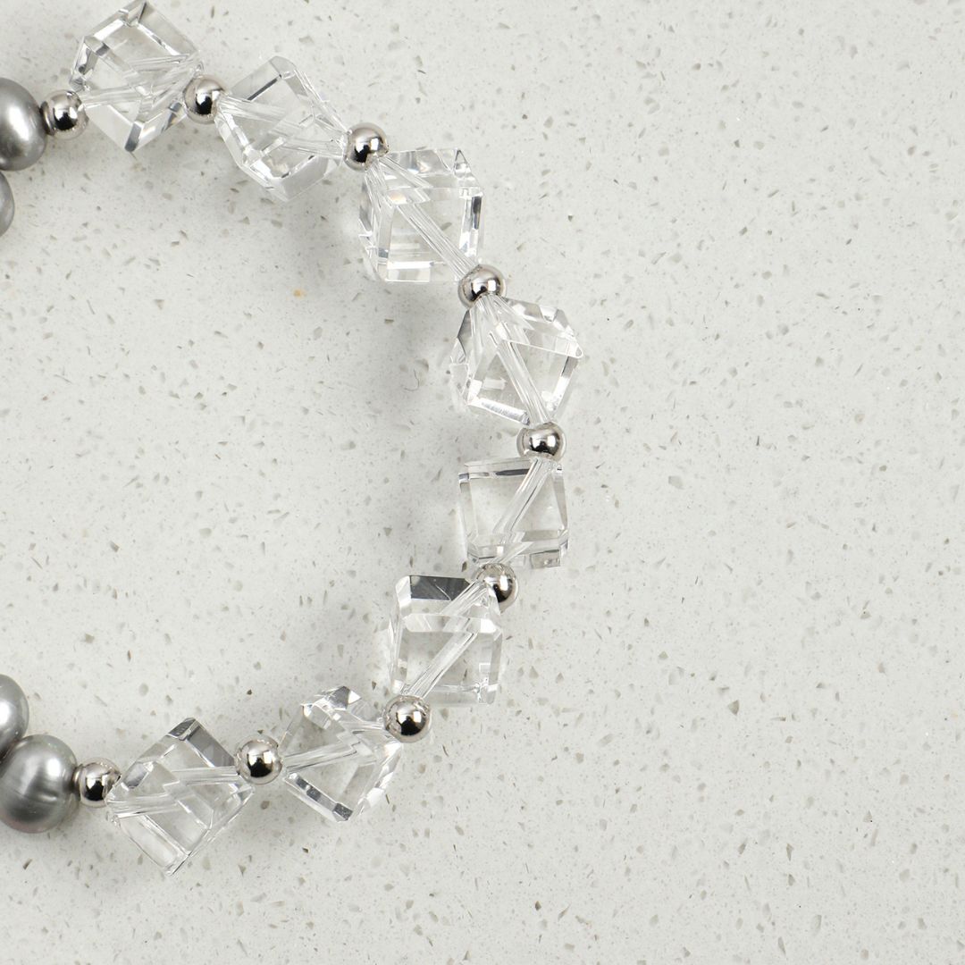 Silver Prism — Clear Quartz & Grey Pearl Bracelet