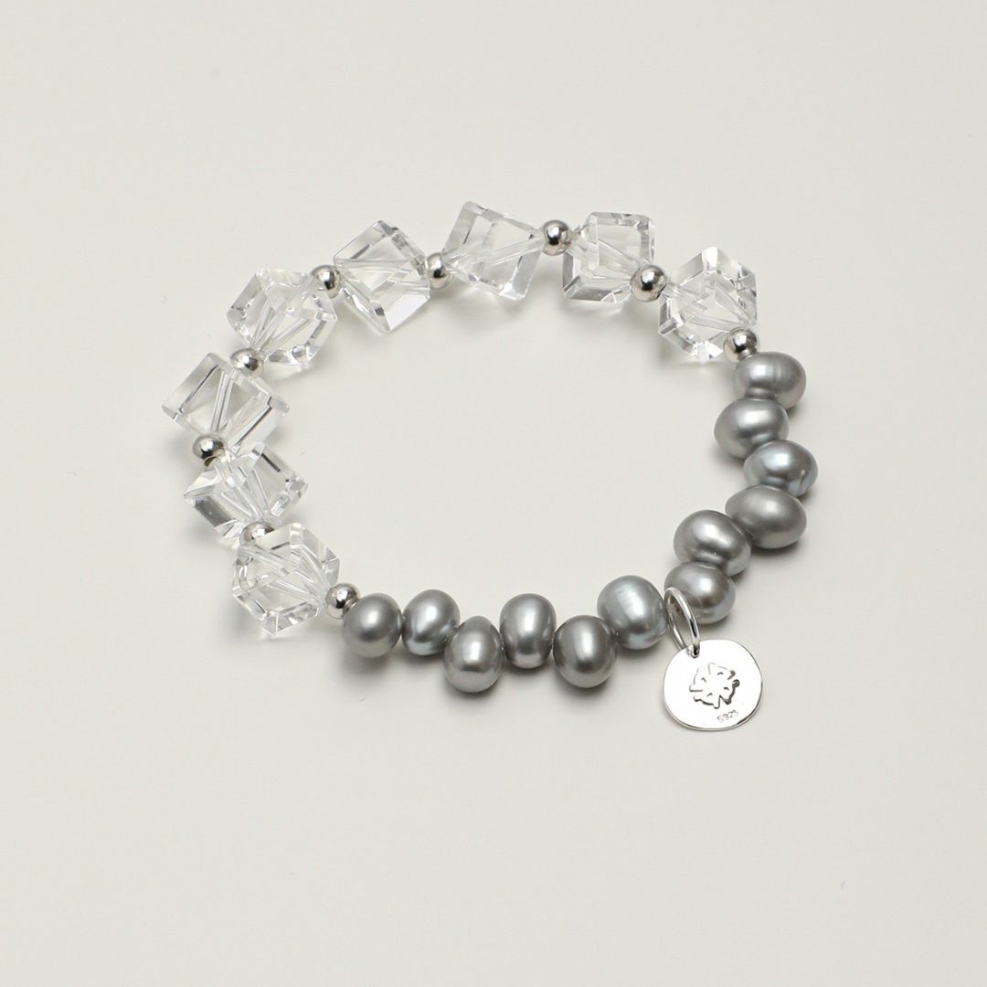 Silver Prism — Clear Quartz & Grey Pearl Bracelet