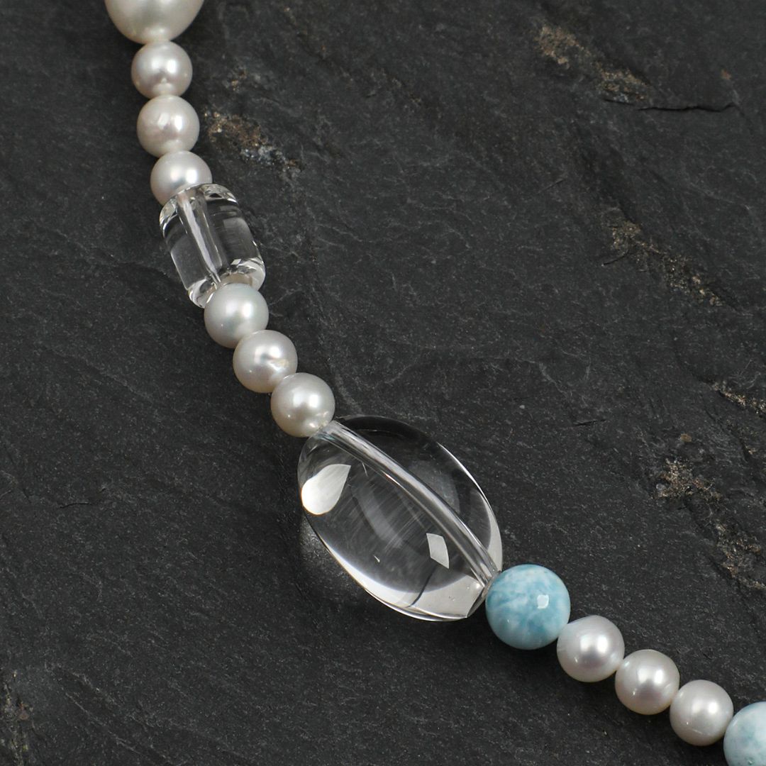 Tidal Gleam — Larimar, Pearl & Clear Quartz Necklace