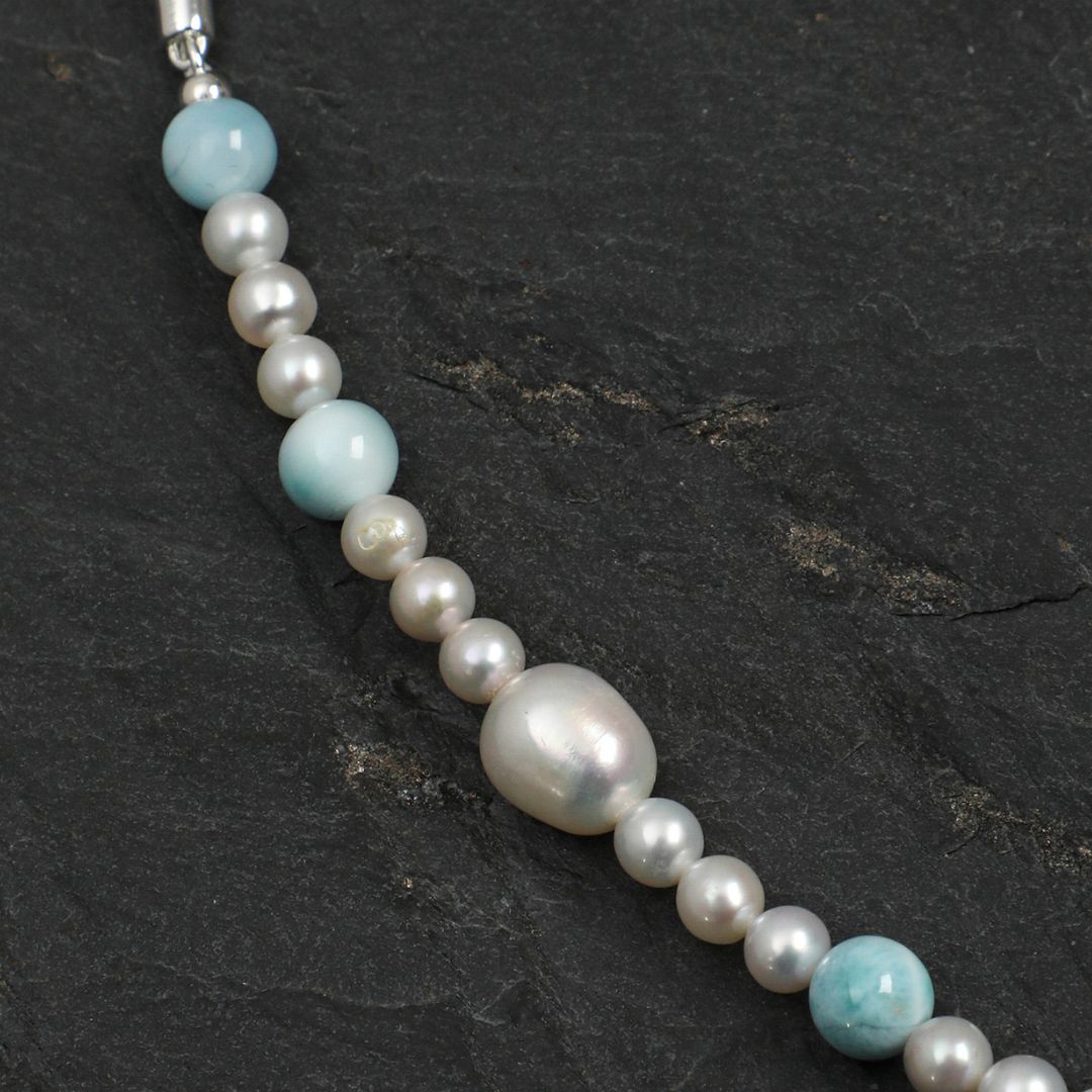 Tidal Gleam — Larimar, Pearl & Clear Quartz Necklace