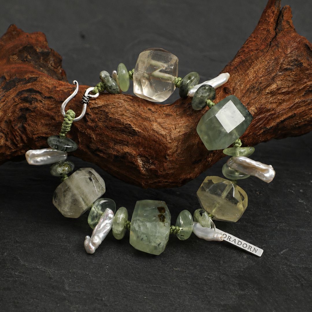 Verdant Drift — Prehnite, Citrine & Baroque Pearl Bracelet
