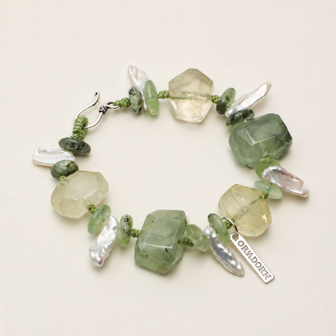 Verdant Drift — Prehnite, Citrine & Baroque Pearl Bracelet