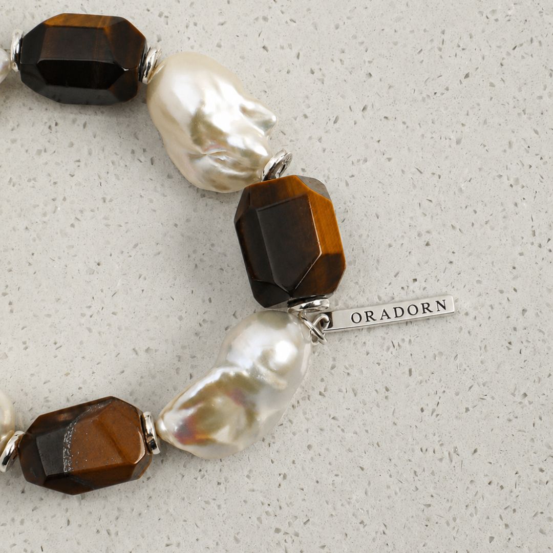 Amber Contrast — Tiger Eye & Baroque Pearl Bracelet