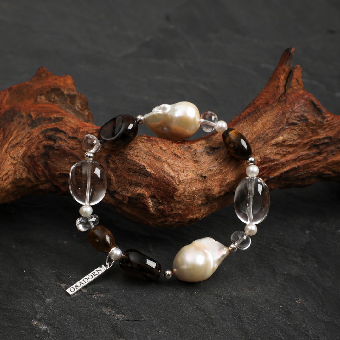 Amber Ripple — Smoky Quartz & Clear Quartz Bracelet