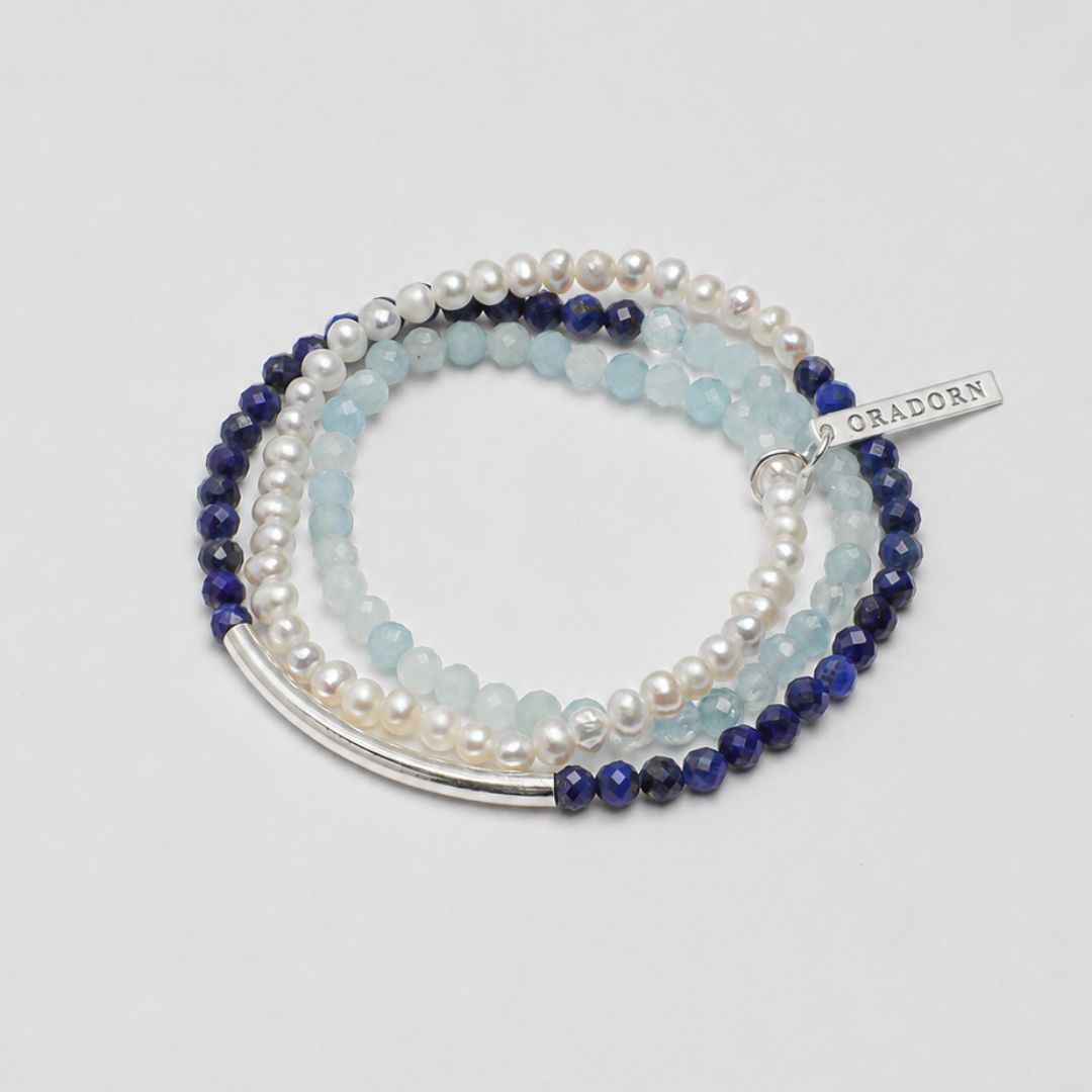 Azure Melody — Aquamarine & Pearl Triple-Wrap Bracelet