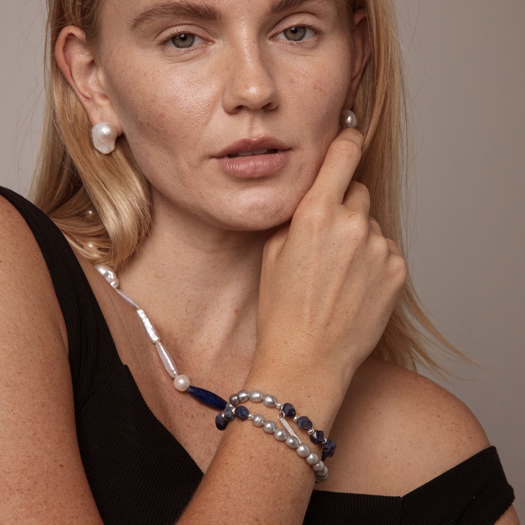 Blue Interlace — Sodalite & Grey Pearl Double-Strand Bracelet