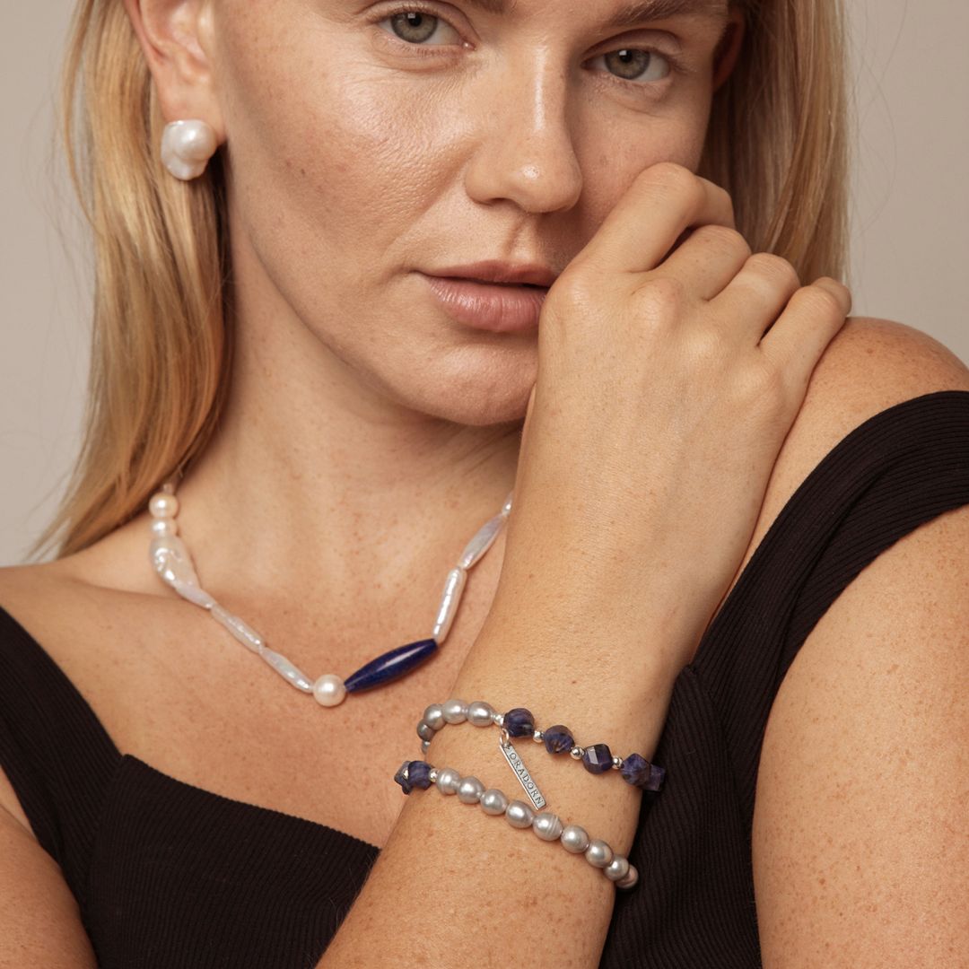 Blue Interlace — Sodalite & Grey Pearl Double-Strand Bracelet