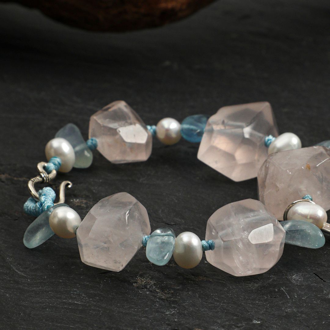 Blush Lagoon — Rose Quartz, Aquamarine & Pearl Bracelet