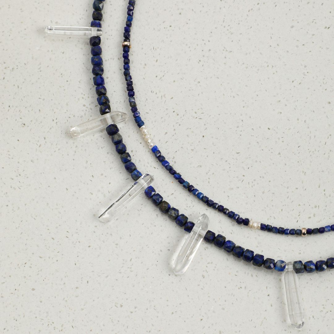 Cobalt Cascade — Double-Strand Lapis Lazuli & Crystal Necklace