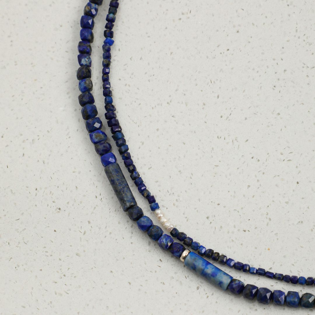 Cobalt Cascade — Double-Strand Lapis Lazuli & Crystal Necklace