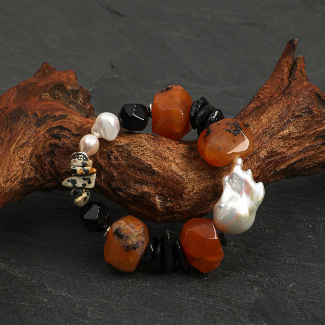 Ember Tide — Red Agate & Baroque Pearl Bracelet