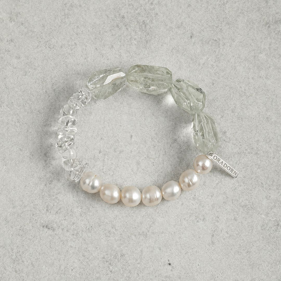 Frosted Grove — Green Quartz, Crystal & Pearl Bracelet