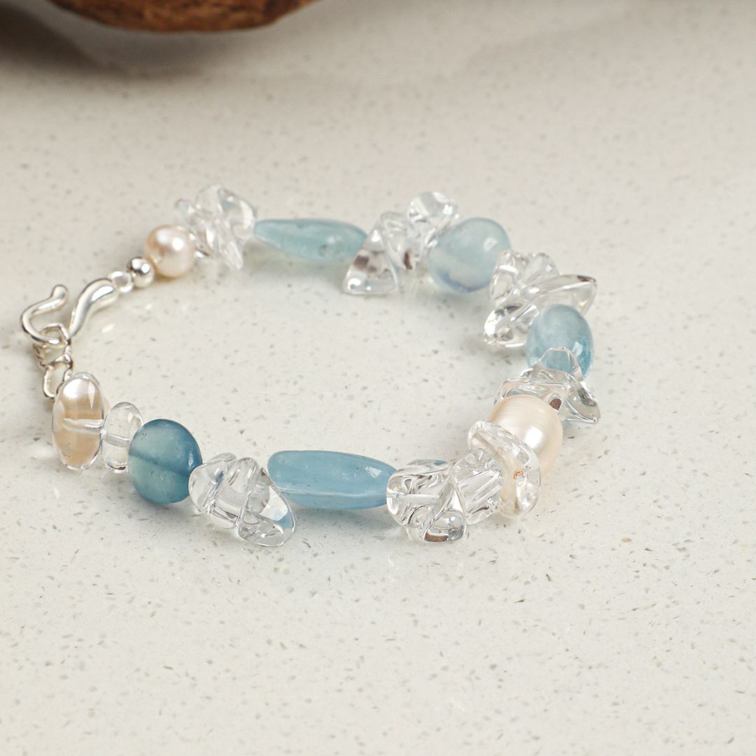 Glacial Ripple — Aquamarine, Crystal & Pearl Bracelet