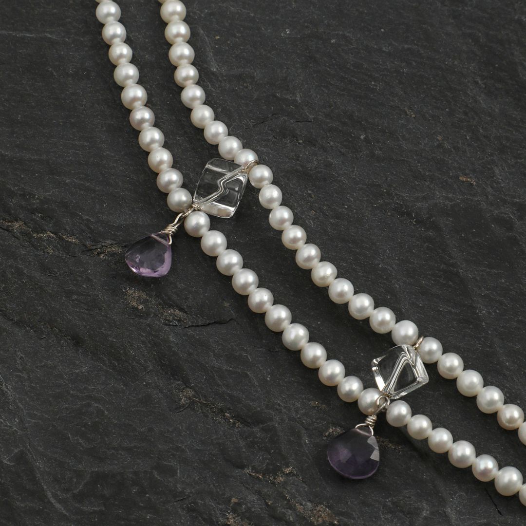 Lilac Veil — Double-Strand Pearl & Crystal Necklace