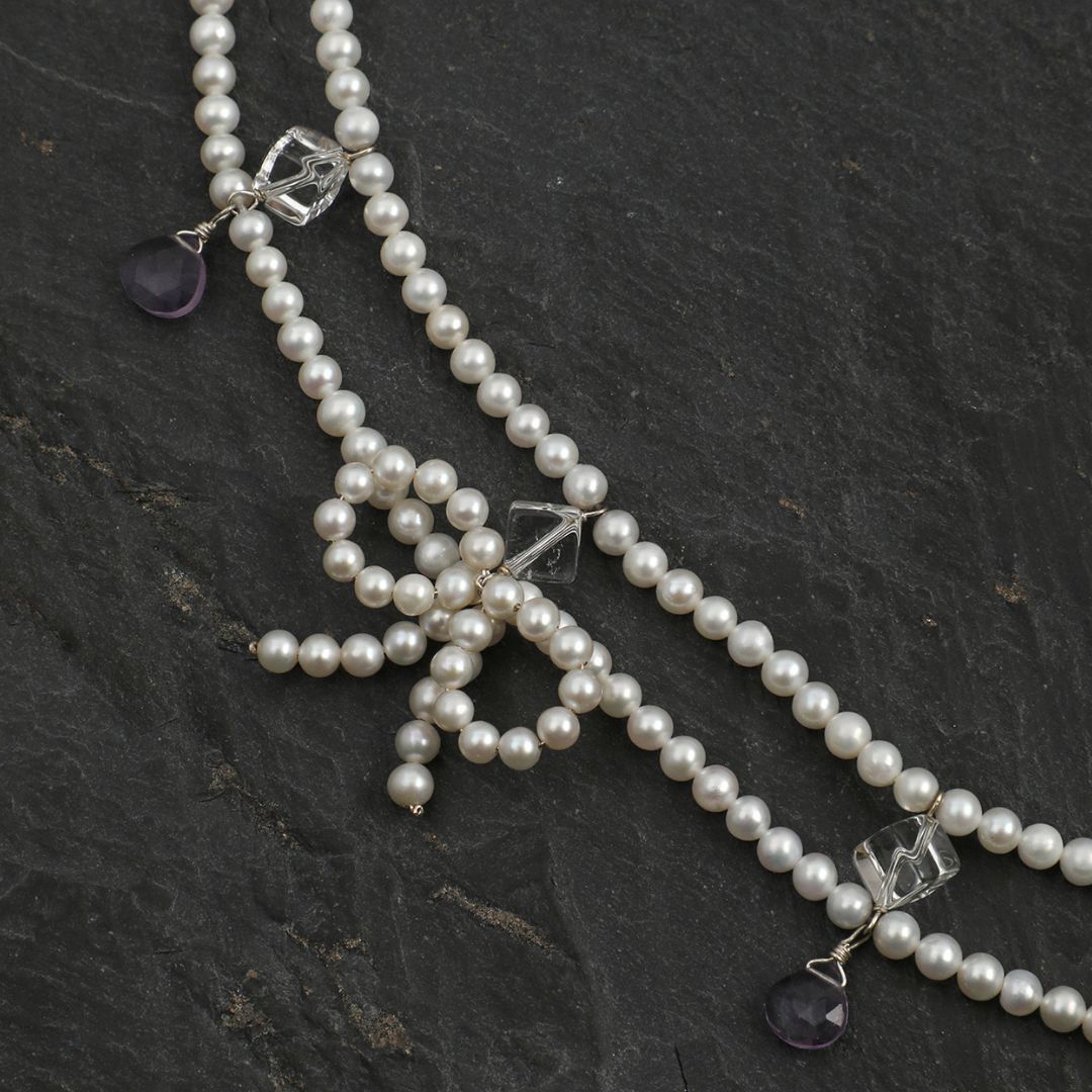 Lilac Veil — Double-Strand Pearl & Crystal Necklace