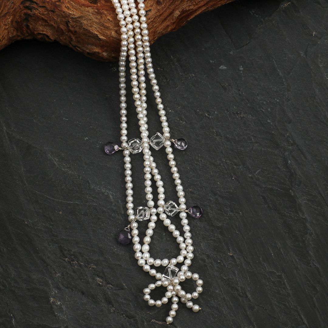 Lilac Veil — Double-Strand Pearl & Crystal Necklace