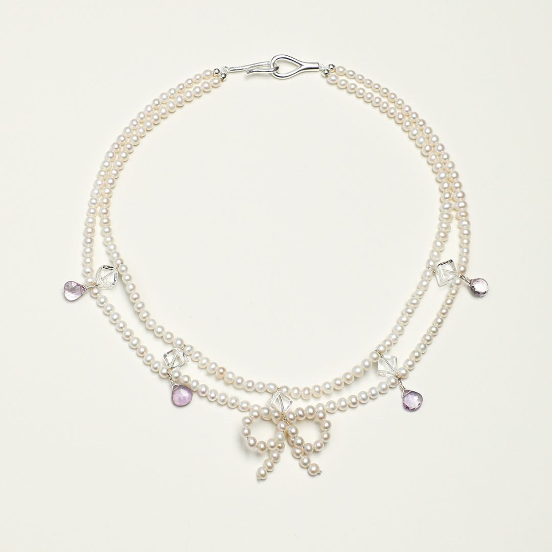 Lilac Veil — Double-Strand Pearl & Crystal Necklace