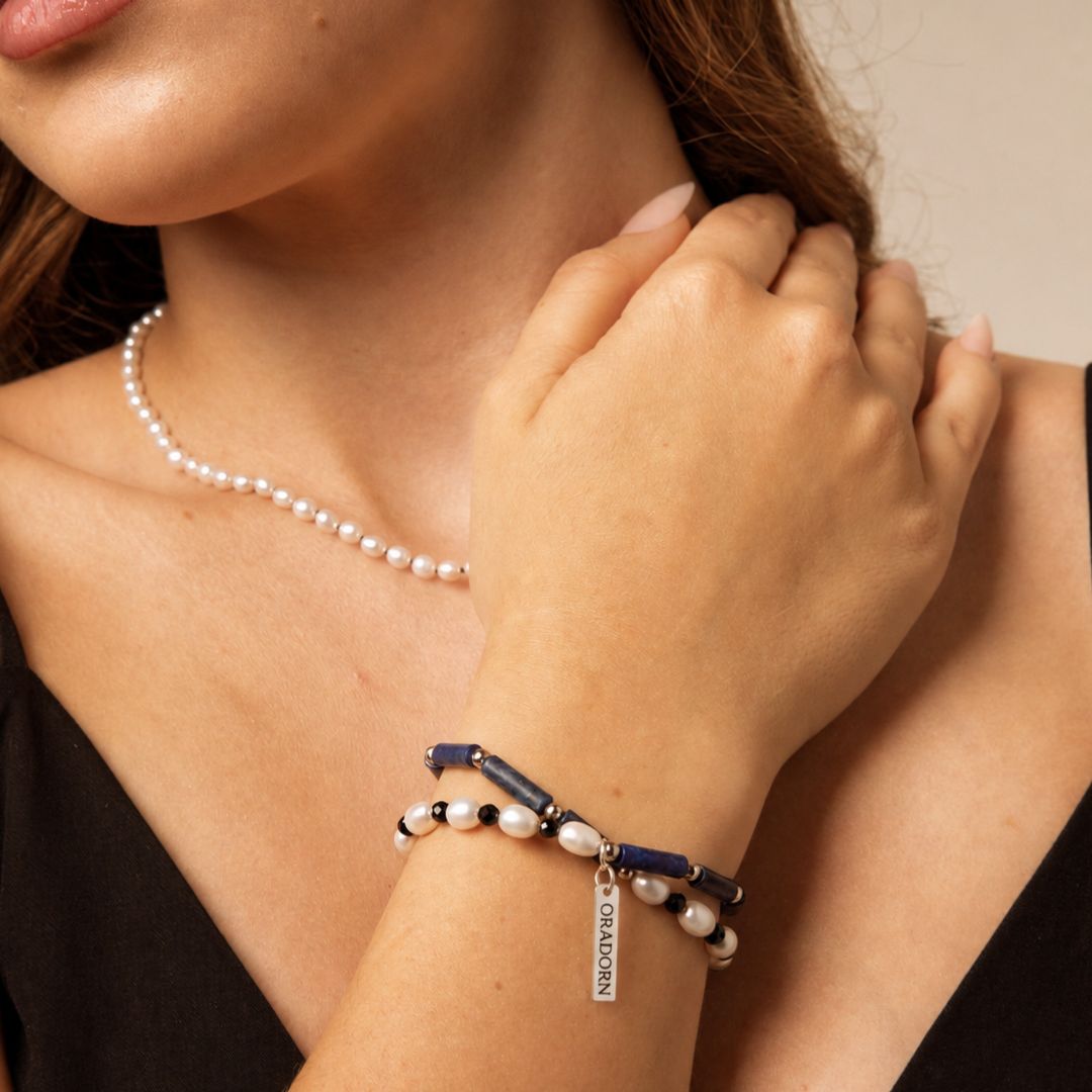 Lunar Blue — Lapis Lazuli & Pearl Double Wrap Bracelet