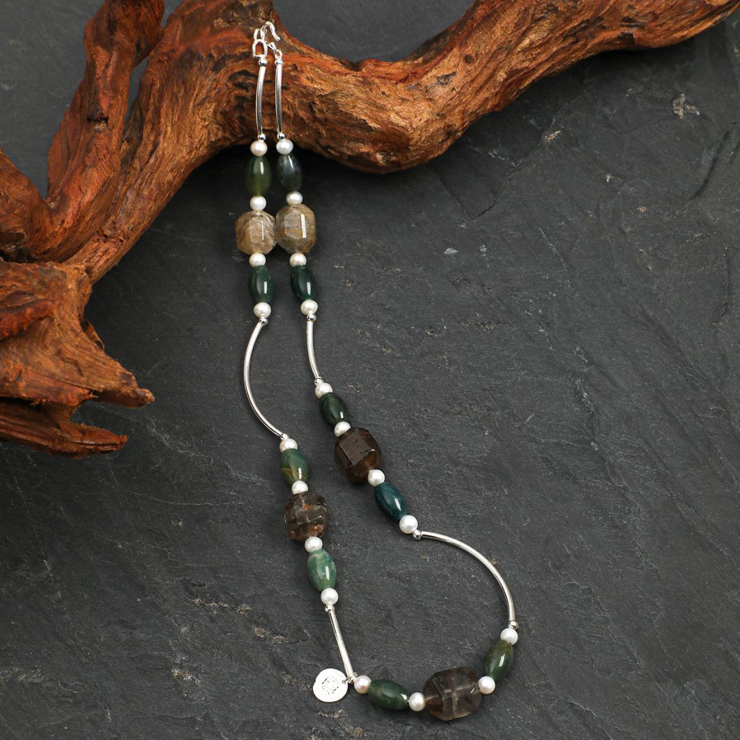 Moss Veil — Phantom Quartz & Green Stone Necklace