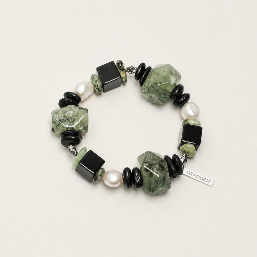 Moss & Onyx — Prehnite, Black Agate & Pearl Bracelet