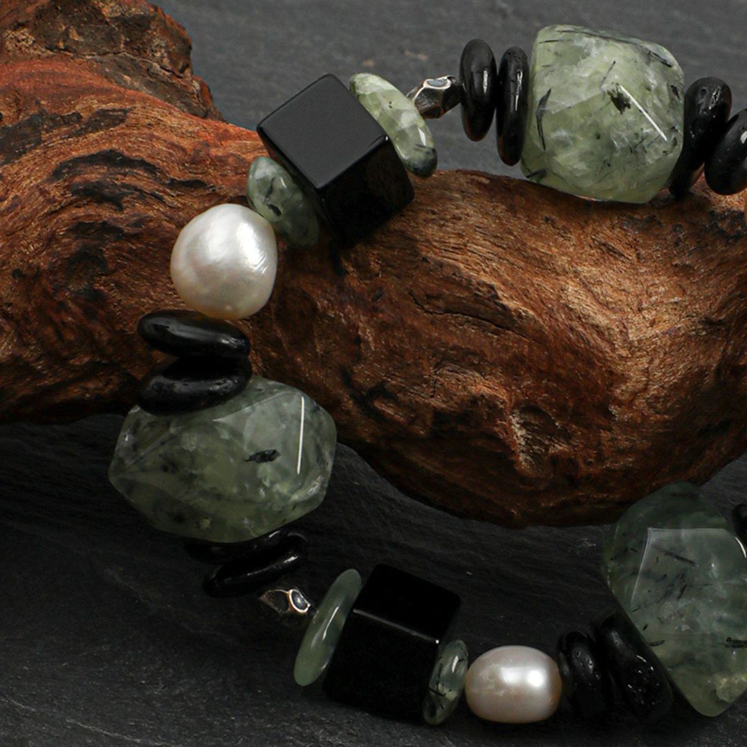Moss & Onyx — Prehnite, Black Agate & Pearl Bracelet