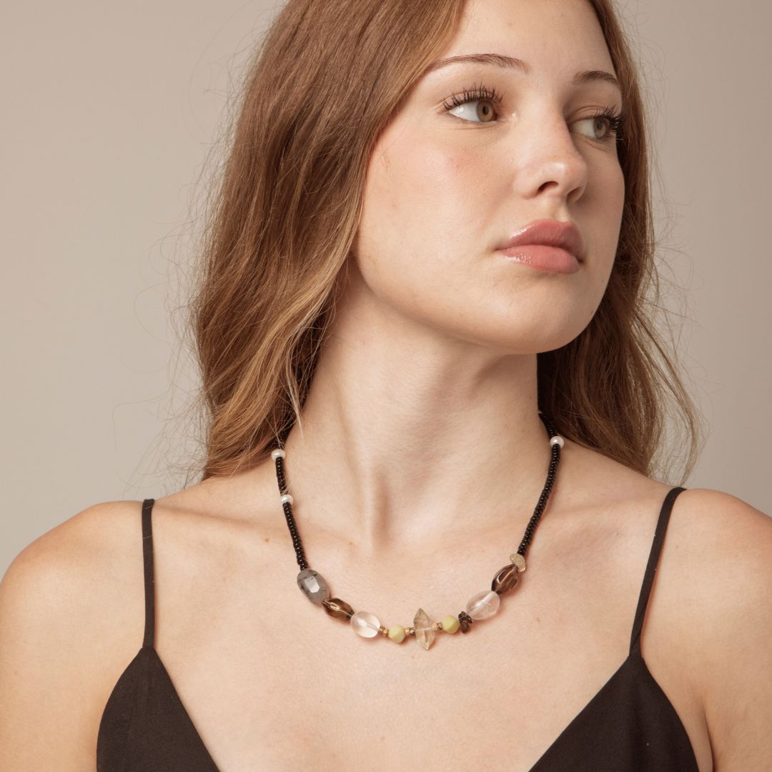 Nocturne Glint — Smoky Quartz & Crystal Necklace