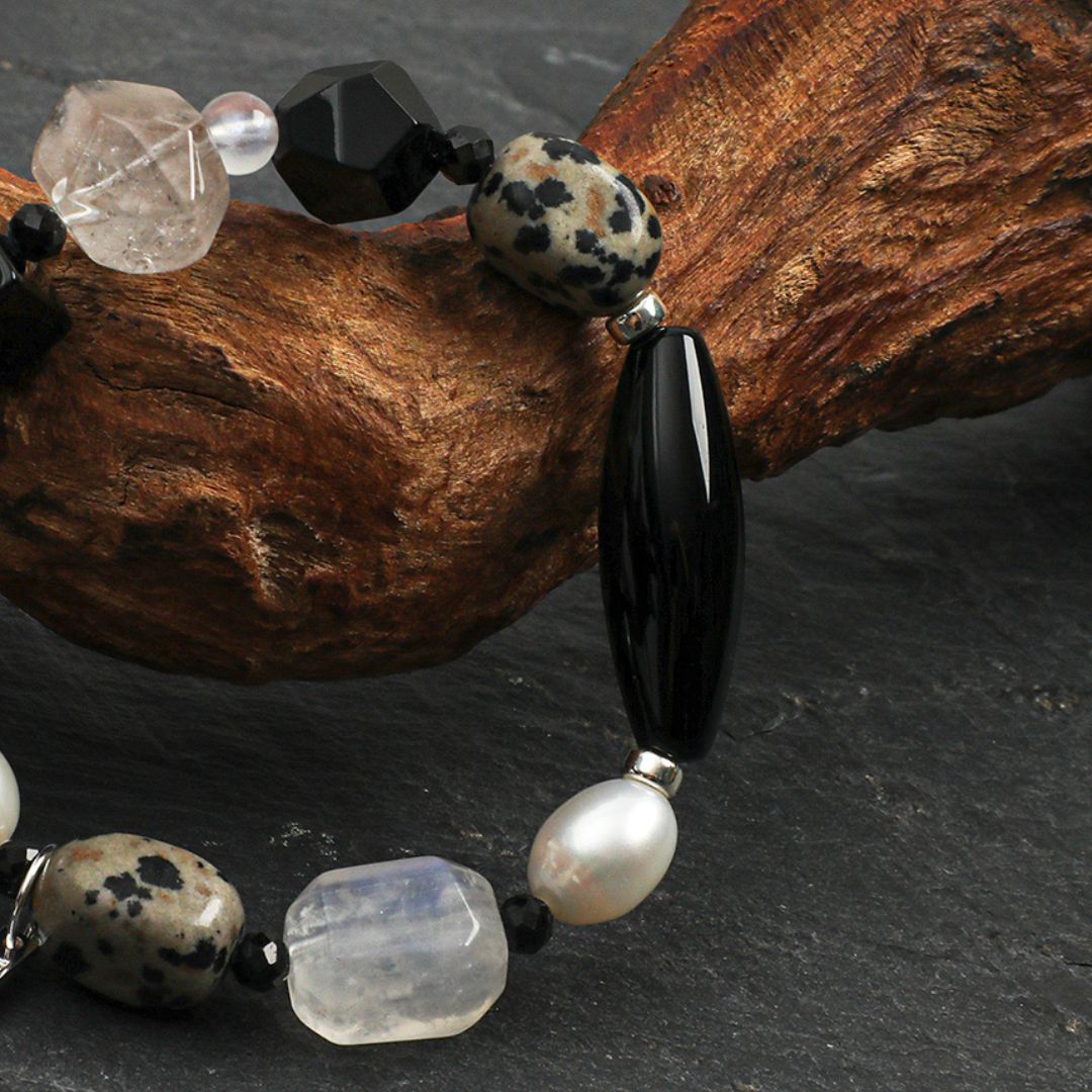 Nocturne Halo — Moonstone, Black Agate & Pearl Bracelet