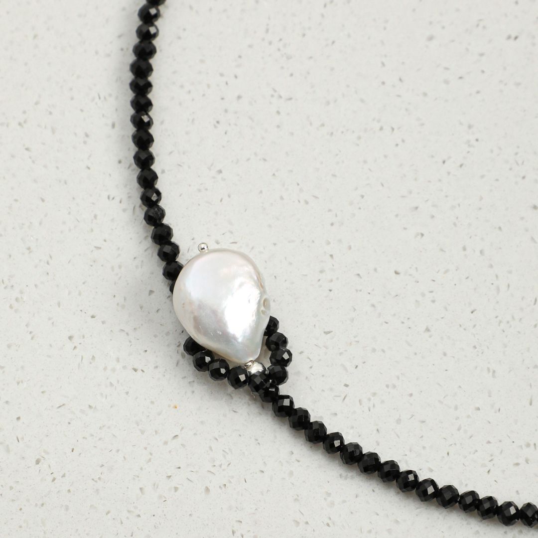 Noir Dew — Black Tourmaline & Baroque Pearl Necklace